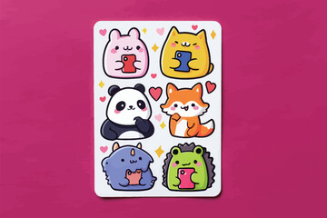 Colorful cartoon stickers display adorable animals like a panda, fox, and cat holding phones and surrounded by hearts, creating a fun and cheerful atmosphere.