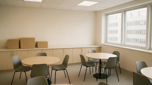 An empty room with round tables and green chairs, cabinets along the back wall, and boxes by the window.