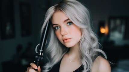 Young woman with silver hair curling iron near her face, beauty product advertising, haircare, fashion blogs, hairstyling tutorials, articles on natural beauty and hair trends strands fingers