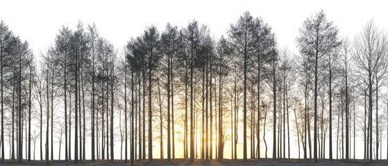 Wide shot of tall leafless trees standing in a forest du sunset or sunrise with soft golden light illuminating the scene and a cloudy sky