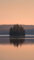 Obraz premium Serene island landscape reflecting in calm waters at dusk with soft pastel sky tones