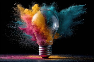 Colorful Explosion Surrounds Illuminated Lightbulb.