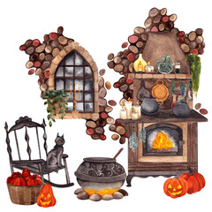 Watercolor hand draw composition with witches interior kitchen. Halloween illustration, witch brew, scary house and darl cupboard, isolated on white background