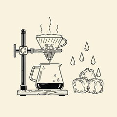 Coffee brewing process with ice cubes and water drops illustration.