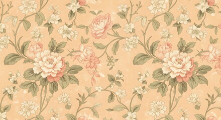 A delicate floral pattern showcases a repeating design of pastel-colored blooms on a soft, peachy-beige background.  The detailed blossoms and foliage create an elegant and timeless aesthetic.