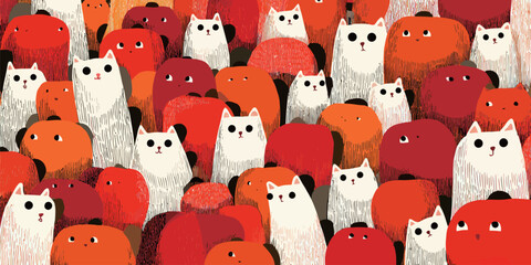 A lively group of cats, mostly white with unique markings, is harmoniously mixed with red shapes. The scene captures a playful atmosphere, ideal for cat lovers.