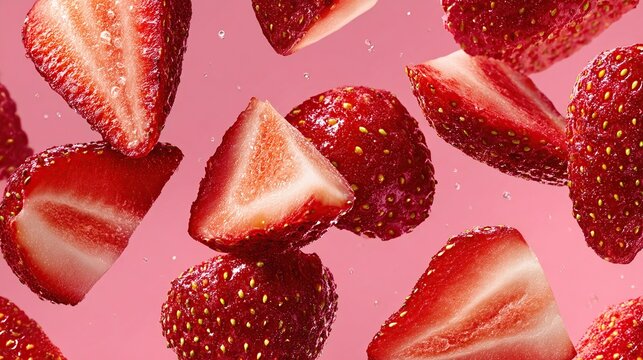 Fresh, vibrant, and juicy strawberries floating on a pink background creating a delightful scene - Powered by Adobe