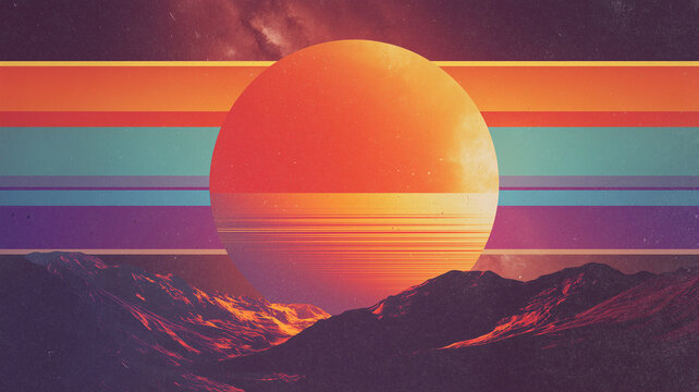 Space planet landscape concept background. Sci-fi fantastic cosmic horizontal poster. Vintage retro style amazing cosmic wallpaper. AI artwork digital illustration.