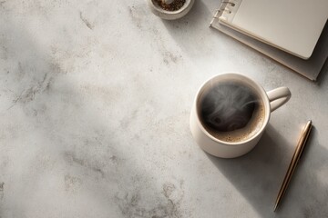 Coffee Break Workspace - Minimalist Desk with Coffee and Notebook.