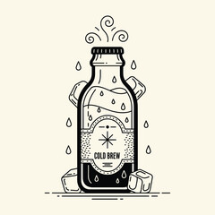 Hand drawn illustration of a refreshing cold brew coffee bottle with ice cubes.