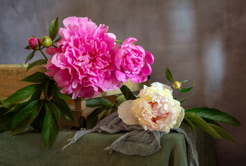 Still life with a bouquet of beautiful peonies.