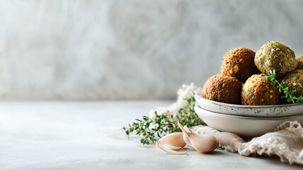 Delicious arabic falafel balls served in a bowl with fresh herbs and garlic on a rustic countertop