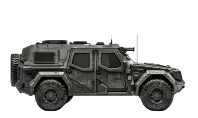 Armored SUV with military-style rugged build
