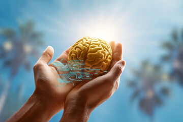 Hands holding golden brain with digital circuit overlay for mental health and technology
Conceptual photo of hands holding a golden brain with digital overlay, symbolizing t