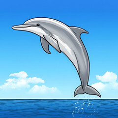 Fototapeta premium Dolphin, ocean, sky, jumping, cartoon, playful dolphin leaps above blue ocean with clouds