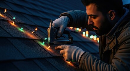 Man stapling colorful Christmas lights to a roof shingle for holiday decoration. Winter evening prep for festive season on house exterior.