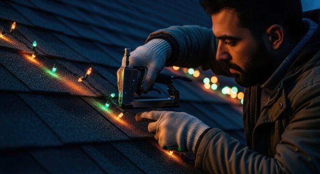 Man stapling colorful Christmas lights to a roof shingle for holiday decoration. Winter evening prep for festive season on house exterior.