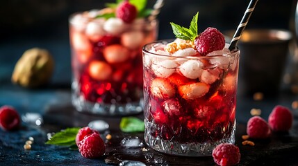 Delicious alcoholic cocktail with raspberries lychees