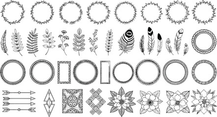 Wreath, botanical, frame, arrow, mandala, silhouette, vector, illustration, floral, leaf, feather, ornament, design, black, white, decorative, minimal, graphic, icon, element