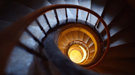 dramatic top view of a spiral staircase in an old European building, light coming from the top, shadows casting intricate patterns