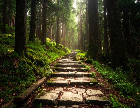 Misty forest path with stone steps