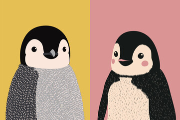 Fototapeta premium Two cartoon penguins stand side by side against vibrant backgrounds. One has a textured chest, while the other has rosy cheeks. Their expressions are joyful and charming.