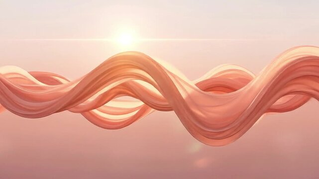 Graceful peach-toned abstract waves create a serene, ethereal backdrop with a warm, glowing light source, symbolizing fluidity and beauty.