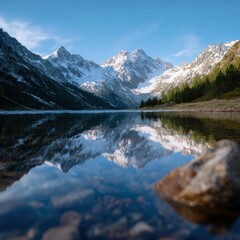 lake surrounded by snow-capped peaks, reflection of mountains in water