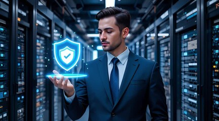 Data Security Professional with Digital Shield in Server Room. IT Expert Protecting Information in Data Center.