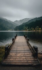 Naklejka premium A weathered wooden dock extends into a calm lake, nestled amidst misty, verdant hills under a brooding grey sky. The scene evokes serenity and quiet contemplation