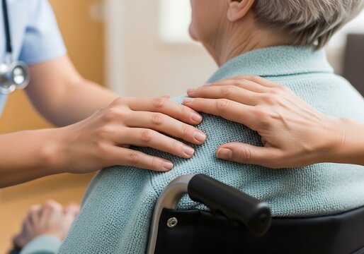 Supportive hands gently placed on a senior's shoulder, expressing care and compassion.