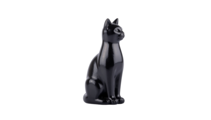 Minimalist black cat figurine in sitting pose, isolated on transparent background