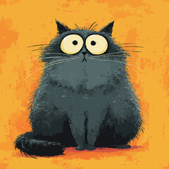 A fluffy black cat sits upright, staring curiously with large, round eyes. The background is a vivid orange, enhancing the cats striking appearance and expression.