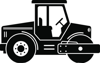 Heavy construction road roller, industrial compactor machine silhouette, vector illustration for construction, roadwork, urban development, equipment design, engineering tools