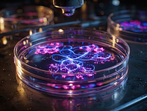 Scientific Research Petri Dish with Fluorescent Molecules. - Powered by Adobe