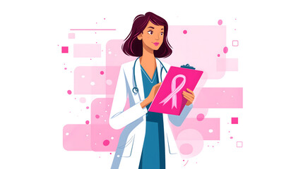 Women Doctor with Stethoscope, Pink Ribbon, and Clipboard on Awareness Background &ndash; Breast Cancer Prevention Illustration