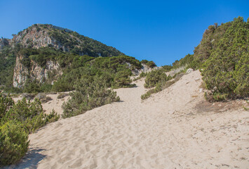 Sand dunes path to Palaiókastro castle, close to Voidokilia beach, Peloponnes, Greece