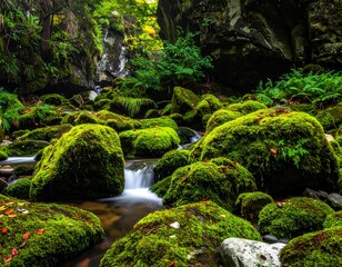 Lush forest stream with mossy rocks
