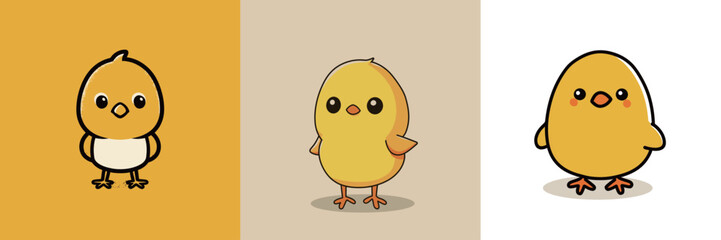 Fototapeta premium Three adorable yellow chicks are displayed in various artistic styles. Each chick has unique features and expressions, capturing playful and charming characteristics.