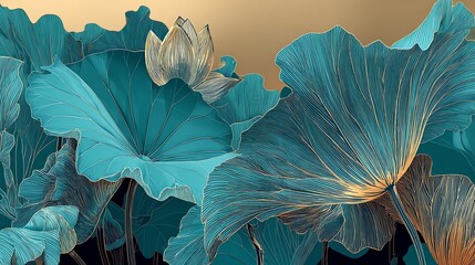 An elegant composition showcases stylized lotus flowers and leaves in shades of teal, contrasted against a warm golden background, evoking a sense of tranquility and natural beauty.