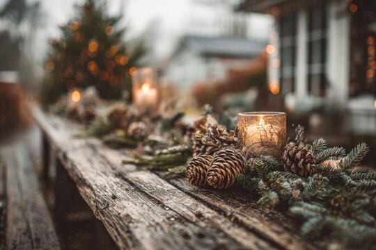 Rustic wooden table has candle, pine cones and evergreen boughs set for the holiday season.