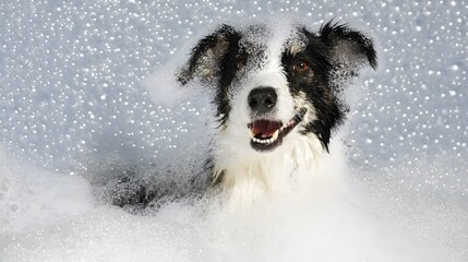 A playful dog enjoying a bubble bath, surrounded by foam and bubbles in a lighthearted moment.