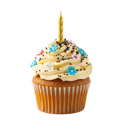 Delicious vanilla cupcake with creamy frosting and sprinkles for celebration