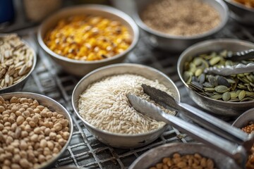 Assortment of various grains and seeds in small bowls.