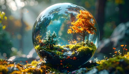 A stunning digital image showcases a crystal ball with miniature forests and trees, creating a whimsical scene