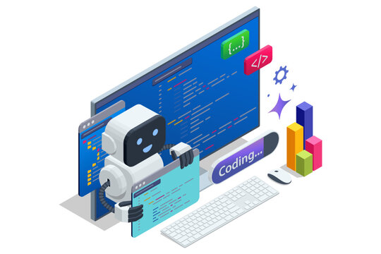 Isometric concept of AI coding assistant helping programmer write and optimize code. Artificial intelligence in software development. Creation digital Software mobile, desktop platforms.
