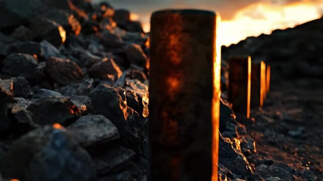 Rusty metal bollards line a rocky shoreline with the sun setting in the background.