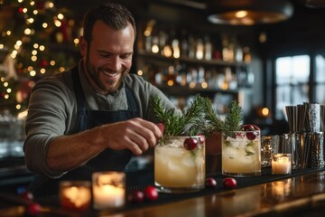 Bartender preparing festive holiday cocktails with cranberries