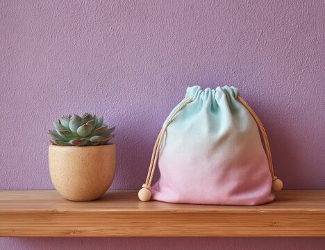 A pastel-colored drawstring bag sits beside a succulent plant on a light wooden shelf against a mauve wall