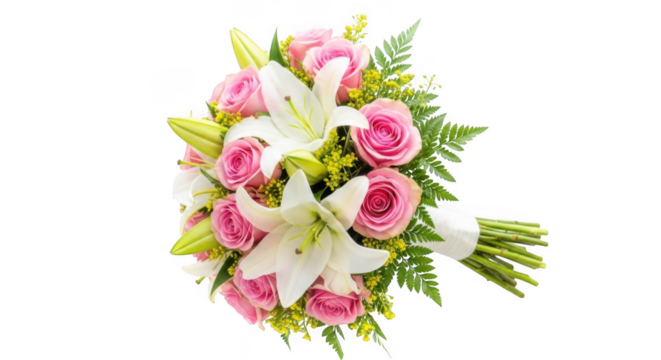 Beautiful pink roses and white lilies wedding bouquet isolated on transparent background
